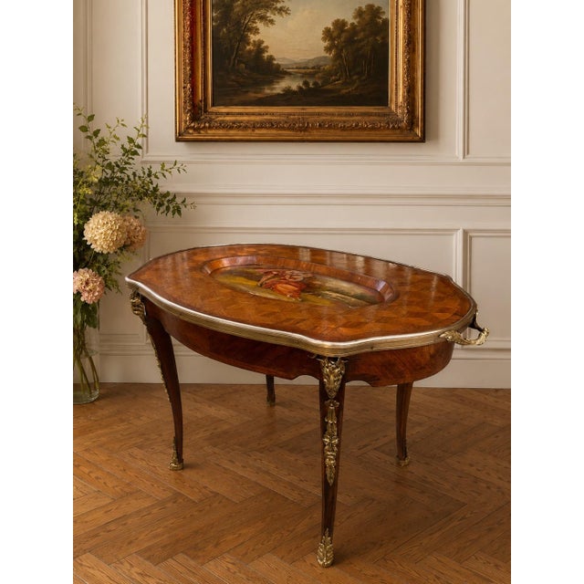 Italian Italian Parquetry Inlaid Tray Table With Painted Figural Panel and Removable Glass Top Late 19th Century For Sale - Image 3 of 9