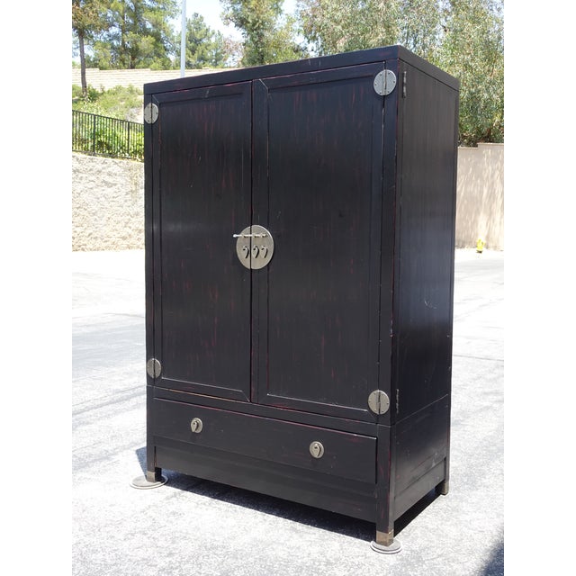 1980s Vintage Asian Baker Furniture Black Lacquer Entertainment Storage Cabinet Armoir For Sale - Image 5 of 13