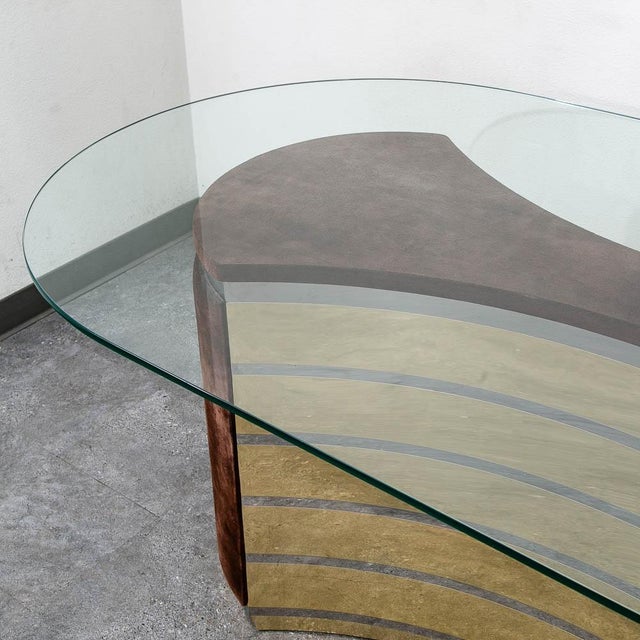 Metal Mid Century Modern Dining Table Glass Curved Mirrored Velvet Attributed to Willy Rizzo Italy For Sale - Image 7 of 10