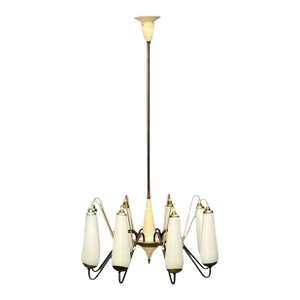 Italian Mid-Century Modern, Eight Light Chandelier, Brass, Metal, Opaline Glass