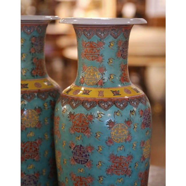 Pair of Mid-Century Chinese Famille Rose Hand Painted Turquoise Porcelain Vases For Sale - Image 4 of 7