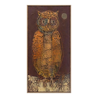 Signed Owl and Full Moon Mixed Media on Panel For Sale