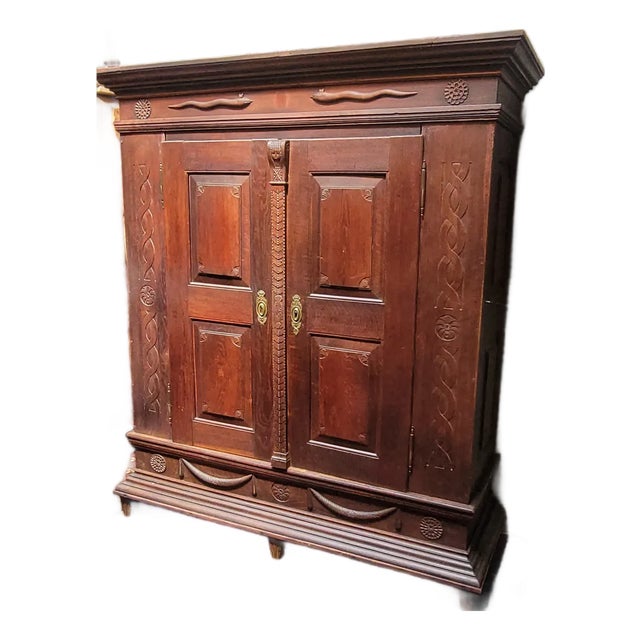 Antique 1812 Nordic French Baroque Renaissance Oak Armoire Hand Carved Sea Serpents For Sale