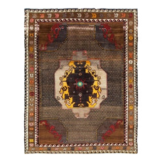 Galerie Shabab Collection Mid-20th Century Handmade Turkish Tribal Room Size Rug in Brown Yellow and Red For Sale