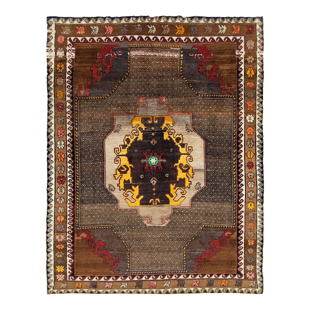 Galerie Shabab Collection Mid-20th Century Handmade Turkish Tribal Room Size Rug in Brown Yellow and Red For Sale