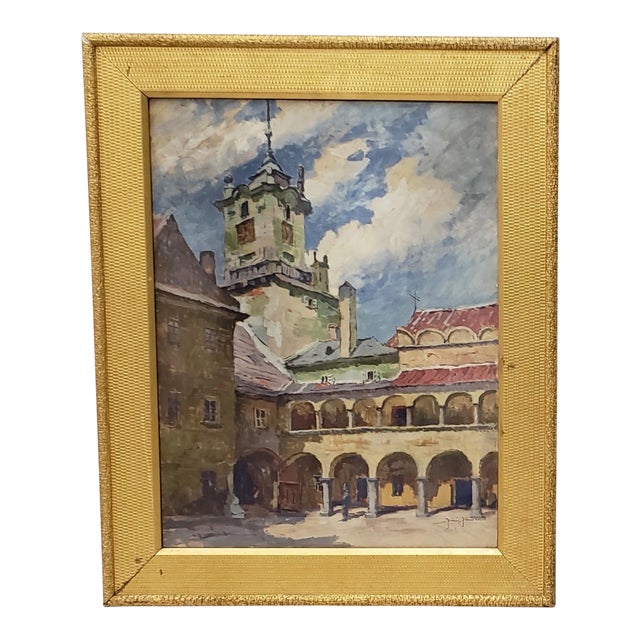 Jiri Herman Oil on Paper Southern European Courtyard With Arched Walkway For Sale