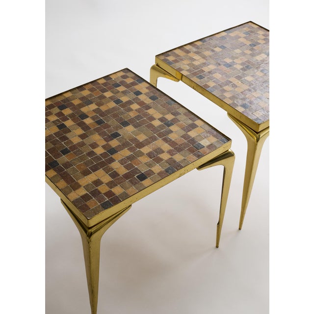 1950s Vintage Mosaic Glass Top Side Tables With Brass Legs — Pair For Sale - Image 5 of 5