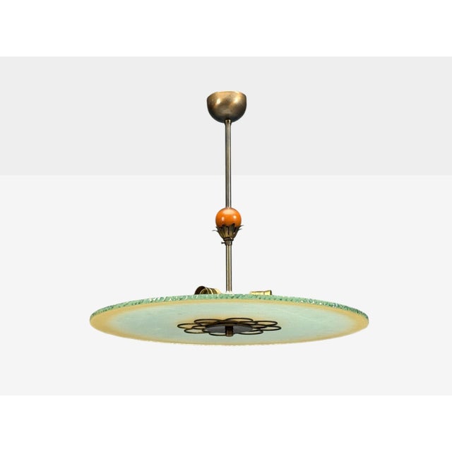 Swedish Mid-Century Modern, Pendant Light, Raw Glass, Wood, Sweden, 1940s A raw glass, brass and wood pendant light...