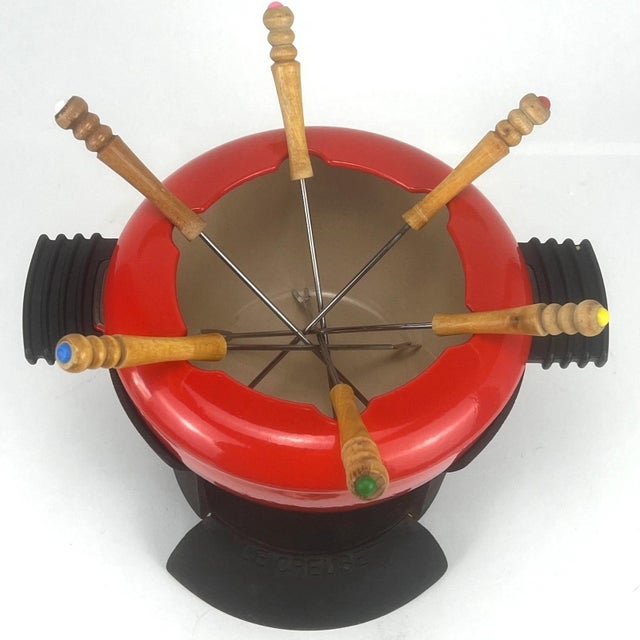 Metal Vintage Red Fondue Set in Enameled Cast Iron Cousances by Le Creuset, 1980s For Sale - Image 7 of 16