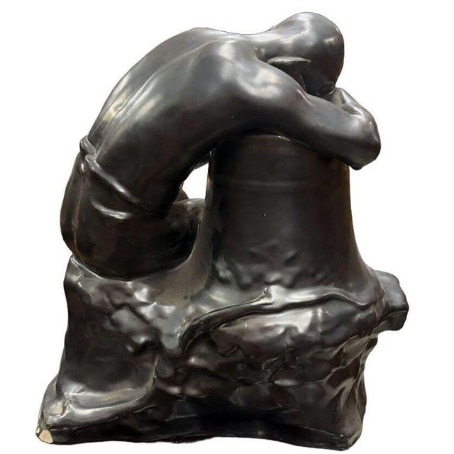 Art Nouveau 1930s Italian "Pensatore Campana" the Tinker Auguste Rodin Style Terracotta Sculpture For Sale - Image 3 of 9