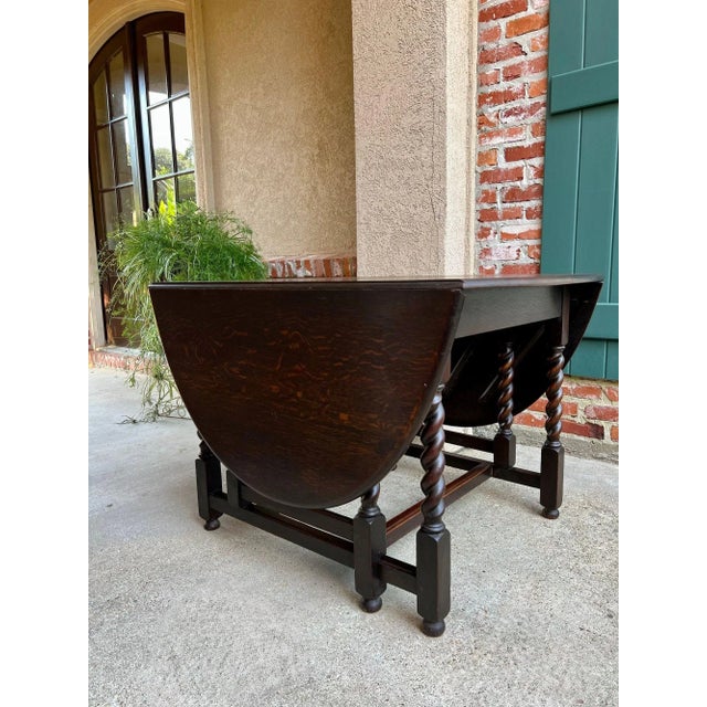 Antique English Drop Leaf Sofa Kitchen Table Barley Twist Tiger Oak Gate Leg For Sale - Image 4 of 18
