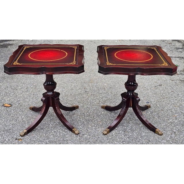 Louis Scalera English Regency Mahogany and Tooled Leather Pedestal Side Tables - a Pair For Sale In Washington DC - Image 6 of 10