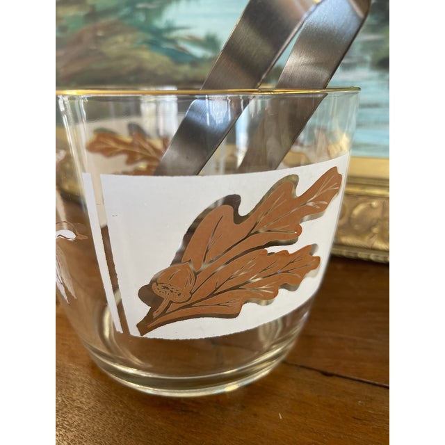 Metal Vintage Mid-Century Modern Ice Bucket With Ducks in Flight and Oak Leaf Motif, Gold Rim, and Stainless Steel Tongs - 2 pcs For Sale - Image 7 of 9