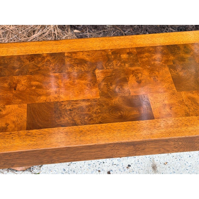 Wood Long Parsons Style Walnut Sofa Table With Burl Walnut Top For Sale - Image 7 of 11