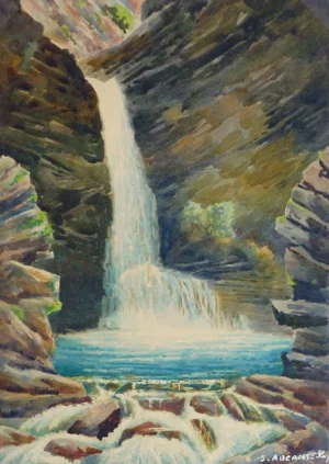 J. Aucante-Roy, Vintage French Watercolor - Crystal Falls