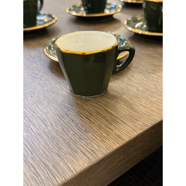 Late 20th Century Apilco Green + Gold Bistroware Demitasse Cups + Saucers, Set of Ten For Sale In San Francisco - Image 6 of 12
