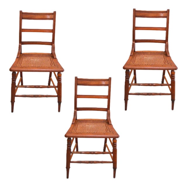 Antique American Classical Walnut Wood Chairs W/ Caned Seats Set of 3 For Sale