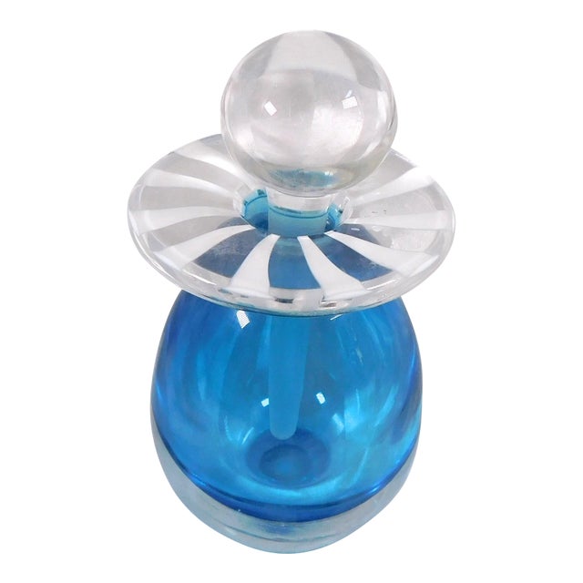 Signed Blue Cased Art Glass Perfume Bottle For Sale