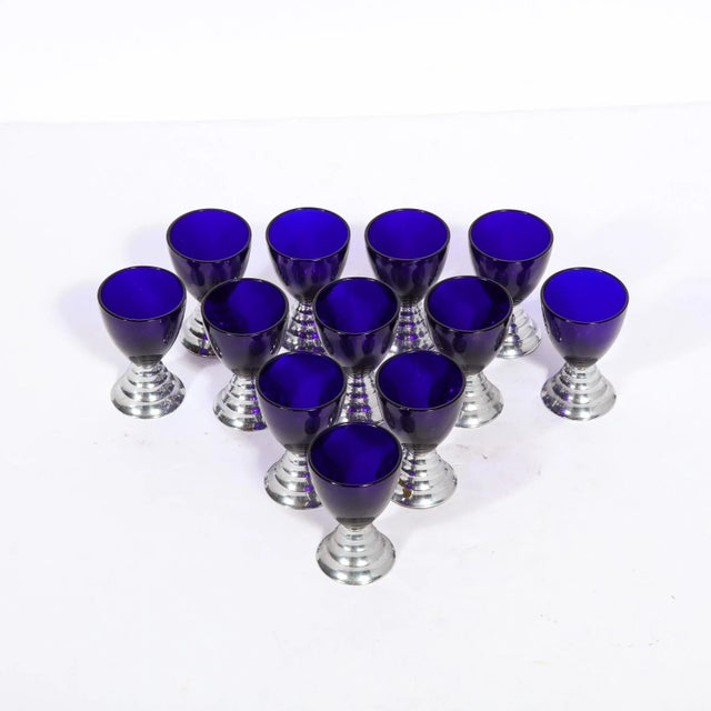 1930s Art Deco Skyscraper Style "Blue Moon" Cocktail Glasses in Chrome by Chase- Set of 12 For Sale - Image 4 of 12