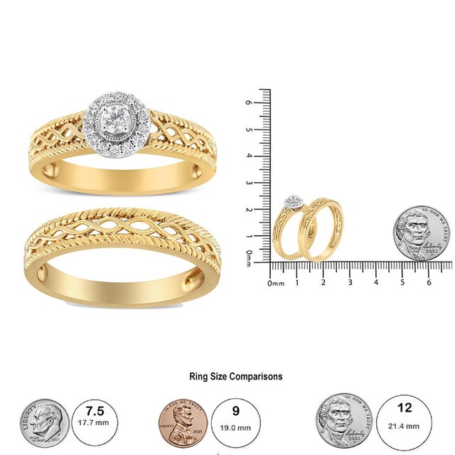14K Yellow Gold Plated .925 Sterling Silver 1/5 Cttw Diamond Halo Engagement Ring and Wedding Band Set (I-J Color, I3 Clarity) - Size 5 For Sale In New York - Image 6 of 6