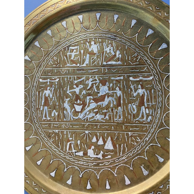 Metal Brass Tray With Silver and Copper Inlay Egyptian Design For Sale - Image 7 of 9
