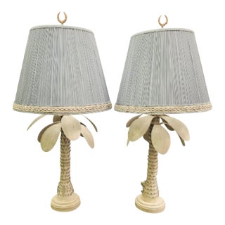 Vintage Very Large Tole Metal Palm Tree Off White Pale Blue Shade Regency Table Lamps- a Pair For Sale