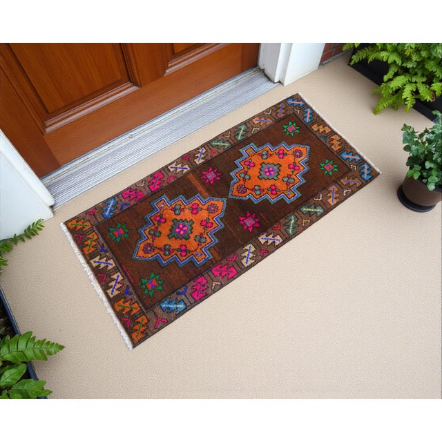 Farmhouse Hand Knotted Turkish Small Rug Decorative Mat for Bathroom and Kitchen Mat- 19'' X 41'' For Sale - Image 3 of 10