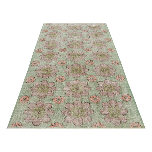 1950s Vintage Turkish Rug in Green With Purple Floral Medallions - Rug & Kilim For Sale - Image 5 of 8
