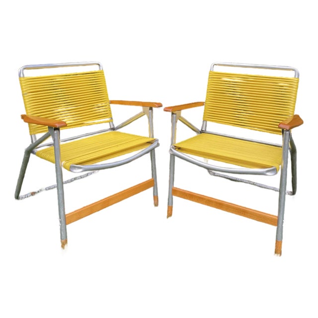 Pair of Vintage C. 1970’s Aluminum and Hardwood Folding Lawn Chairs For Sale