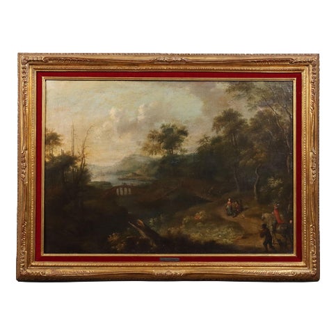 River Landscape with Figures, Oil on Canvas, Framed For Sale