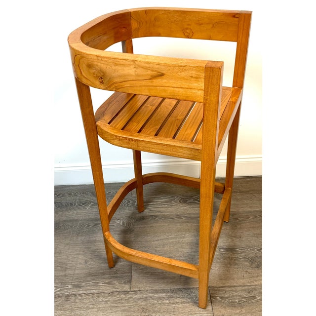Contemporary Pair Architectural Solid Teak Bar Stools Attributed to Palecek, Organic Modern For Sale - Image 3 of 14