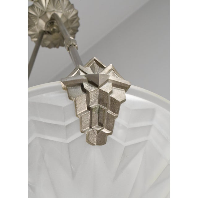 Maynadier & Degue French Art Deco 3-Armed Chandelier - 1930s Nickeled Bronze & Frosted Glass For Sale - Image 11 of 18