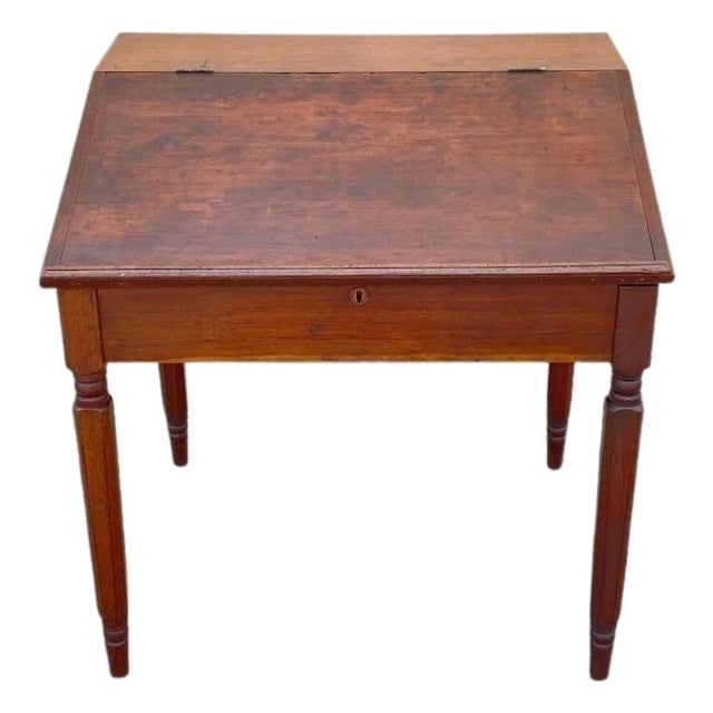 Antique Primitive Colonial Cherry Wood & Walnut Tall Schoolmasters Desk Table For Sale