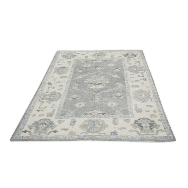 Early 21st Century Early 21st Century Gray Floral Design Handwoven Wool Turkish Oushak Rug 4'9" X 6'5" For Sale - Image 5 of 7