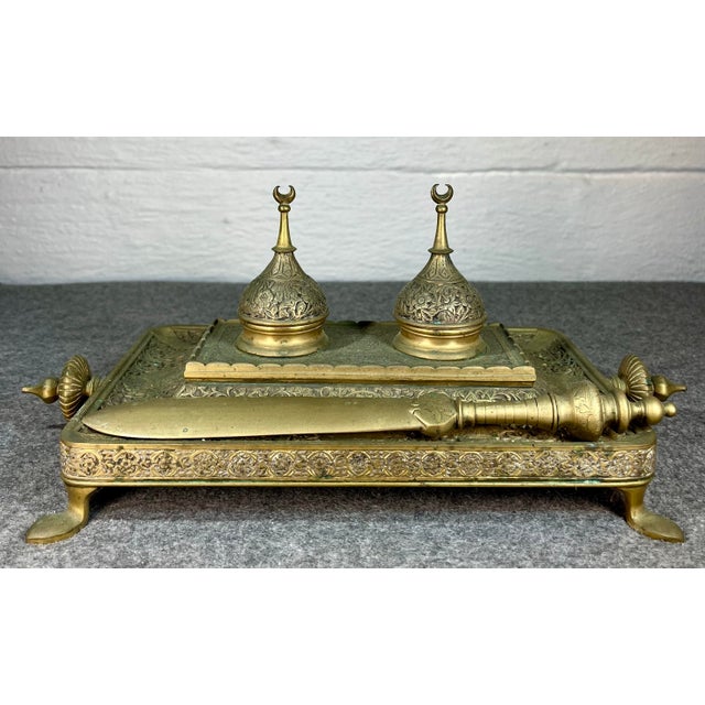 Islamic Antique Embossed Brass Double Inkwell For Sale - Image 3 of 11