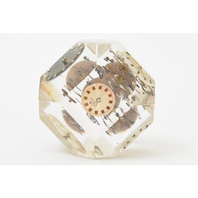 1970s Vintage Pop Art Watch Parts Embedded Lucite and Brass Sculpture/ Paperweight For Sale - Image 5 of 10