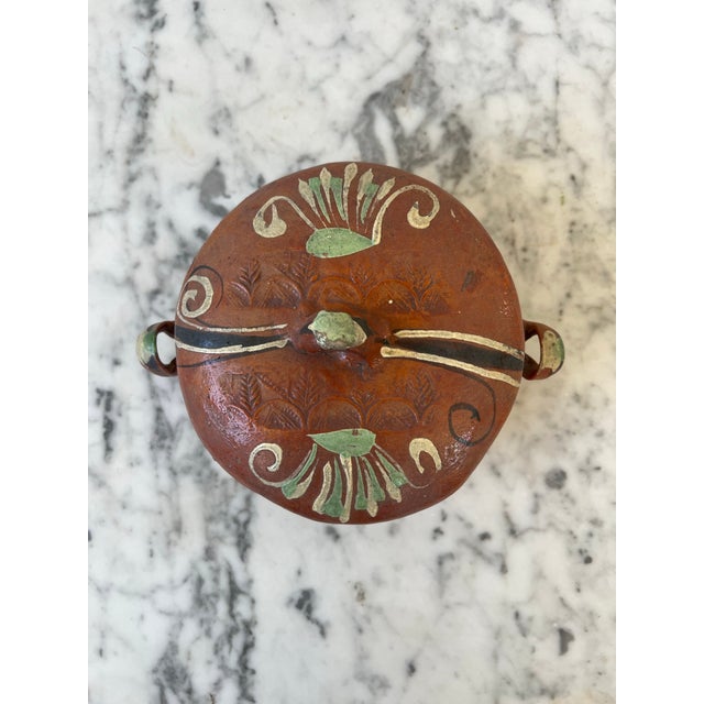 Ceramic Hand Painted Mexican Terracotta Bowl With Lid Stamped Made in Mexico For Sale - Image 7 of 12