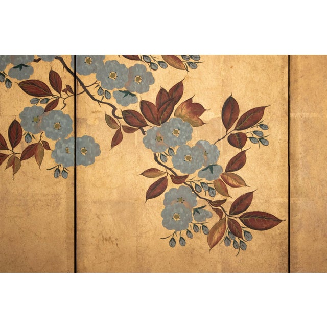Wood C. 1970s Chinese Six-Panel Gold Leaf Style Painted Screen "Blossoming Plum Tree" For Sale - Image 7 of 14