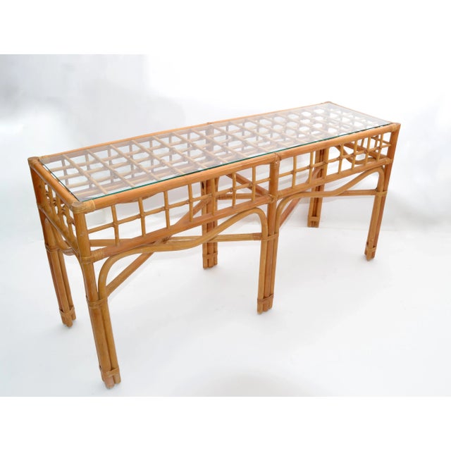 Bohemian Style Handcrafted Bent Bamboo & Rattan Console Table With Glass Top For Sale - Image 12 of 13