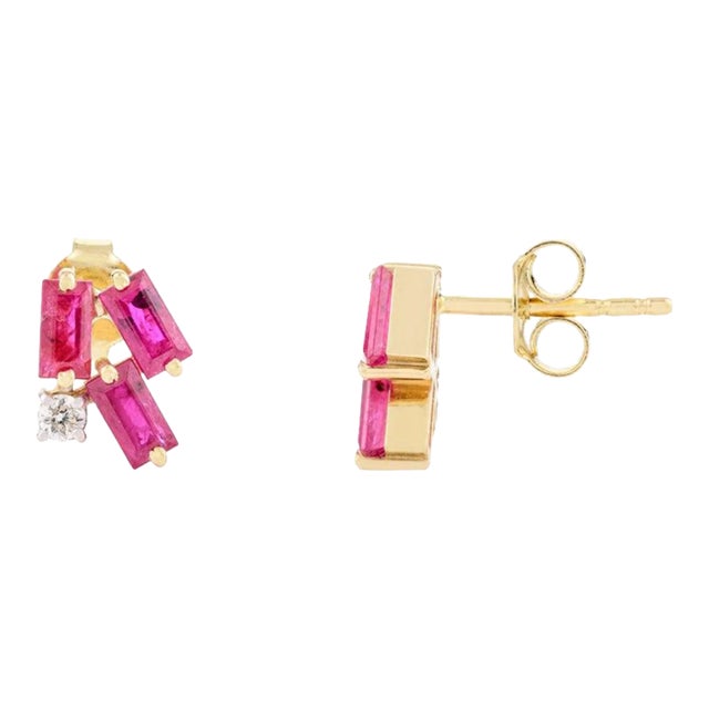 Baguette Ruby Cluster Stud Earrings With Diamond- a Pair For Sale