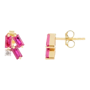 Baguette Ruby Cluster Stud Earrings With Diamond- a Pair