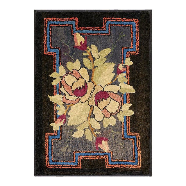 Adorable Brown Background Color Peculiar Flower Geometric Design Antique American Hooked Rug For Sale