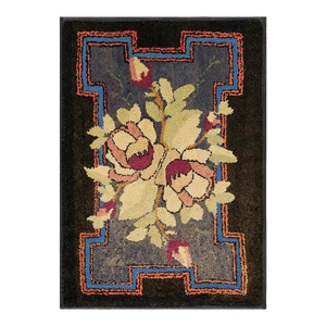 Adorable Brown Background Color Peculiar Flower Geometric Design Antique American Hooked Rug