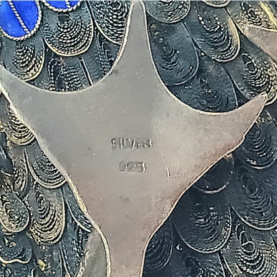 Vintage Filigree Enamel Duck Bird Figurine Sterling Silver Beak and Feet Blue & Gold With Green Eyes For Sale - Image 16 of 16