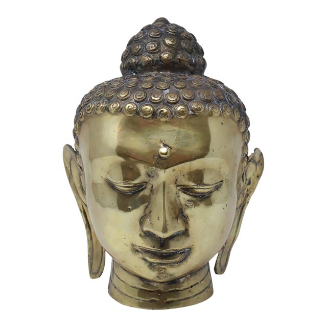 Attributed Early 20th Century Southeast Asian Hollow Cast Brass Buddha Head Sculpture - Retained Clay Core - 11"h For Sale