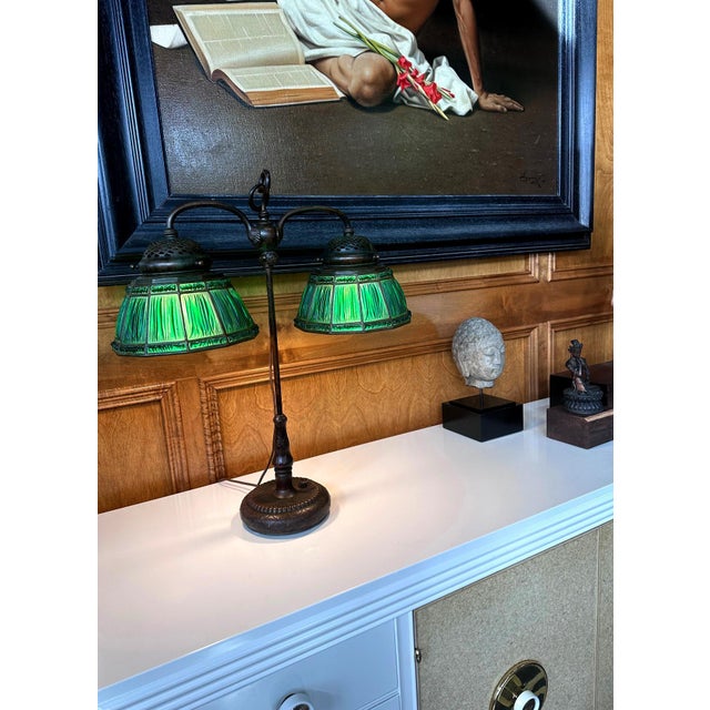 Rare Green Linenfold Double Student Table Lamp Tiffany Studio For Sale - Image 11 of 18