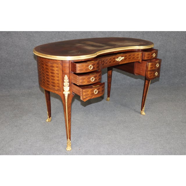 Paul Sormani Fine Quality Dore' Bronze French Paul Sormani Parquetry Inlaid Walnut Desk For Sale - Image 4 of 14