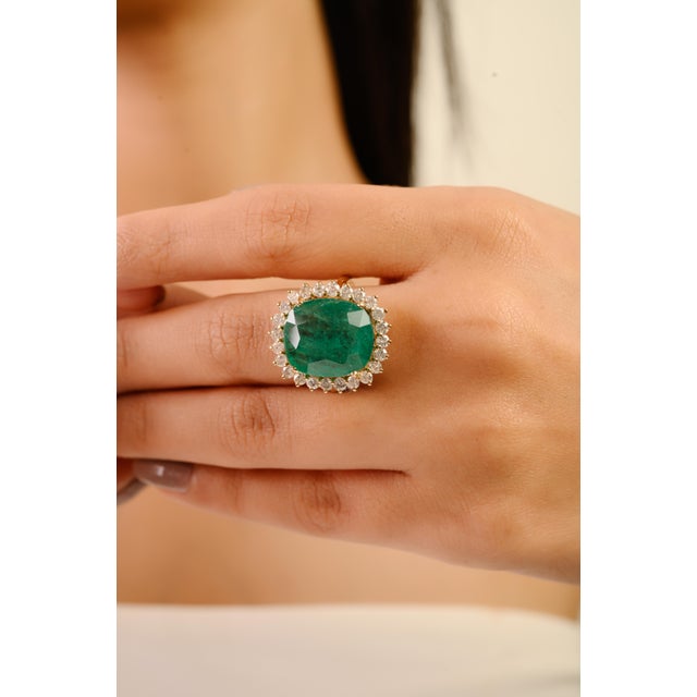 9.17 Ct Zambian Emerald Art Deco Cocktail Ring With Halo Diamonds in 14k Solid Gold Size 5.5 For Sale - Image 4 of 17