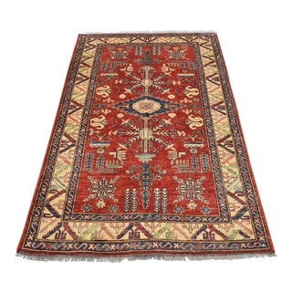 Kazak Rug 4’6” X 6’6” Red Wool Tribal Hand-Knotted Carpet For Sale