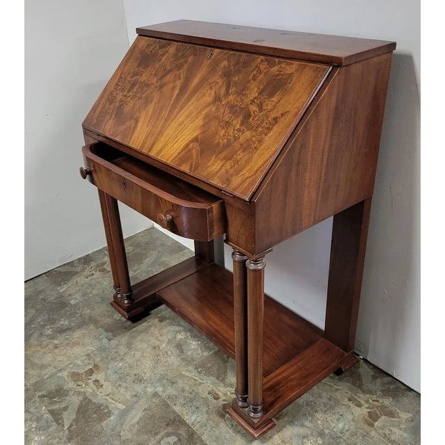 French 1930’s Transitional Flame Mahogany Empire Revival Slant Top Desk For Sale - Image 3 of 11